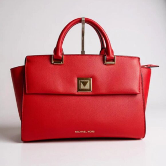 Michael Kors AUTHENTICATED Ava XL Saffiano Leather Satchel Red | Gold Hardware - Picture 1 of 15